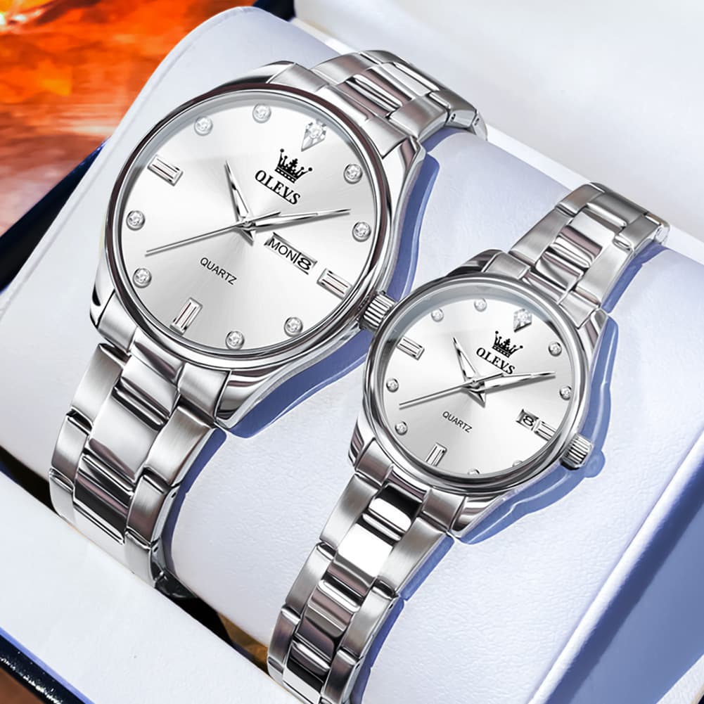 OLEVS 3621Q Minimalist Diamond Quartz Couple Watches Set - All Gold Watch | Olevs Watch Store