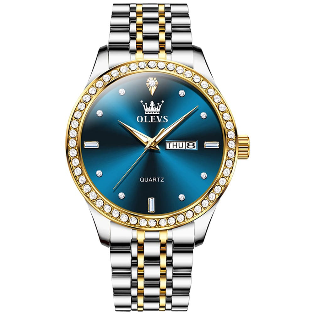 OLEVS 3625 Diamond Bezel Quartz Steel Watch for Men - All Gold Watch | Olevs Watch Store