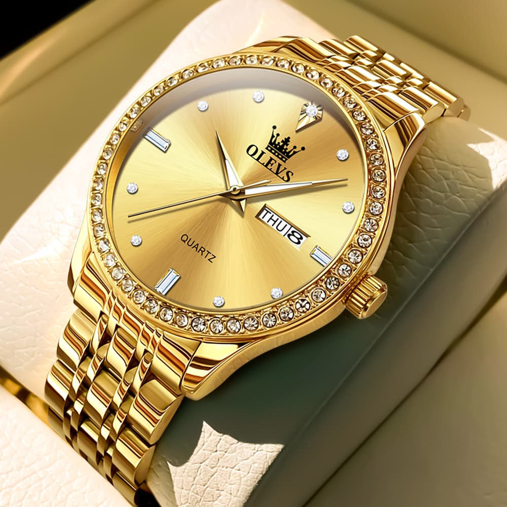 OLEVS 3625 Diamond Bezel Quartz Steel Watch for Men - All Gold Watch | Olevs Watch Store