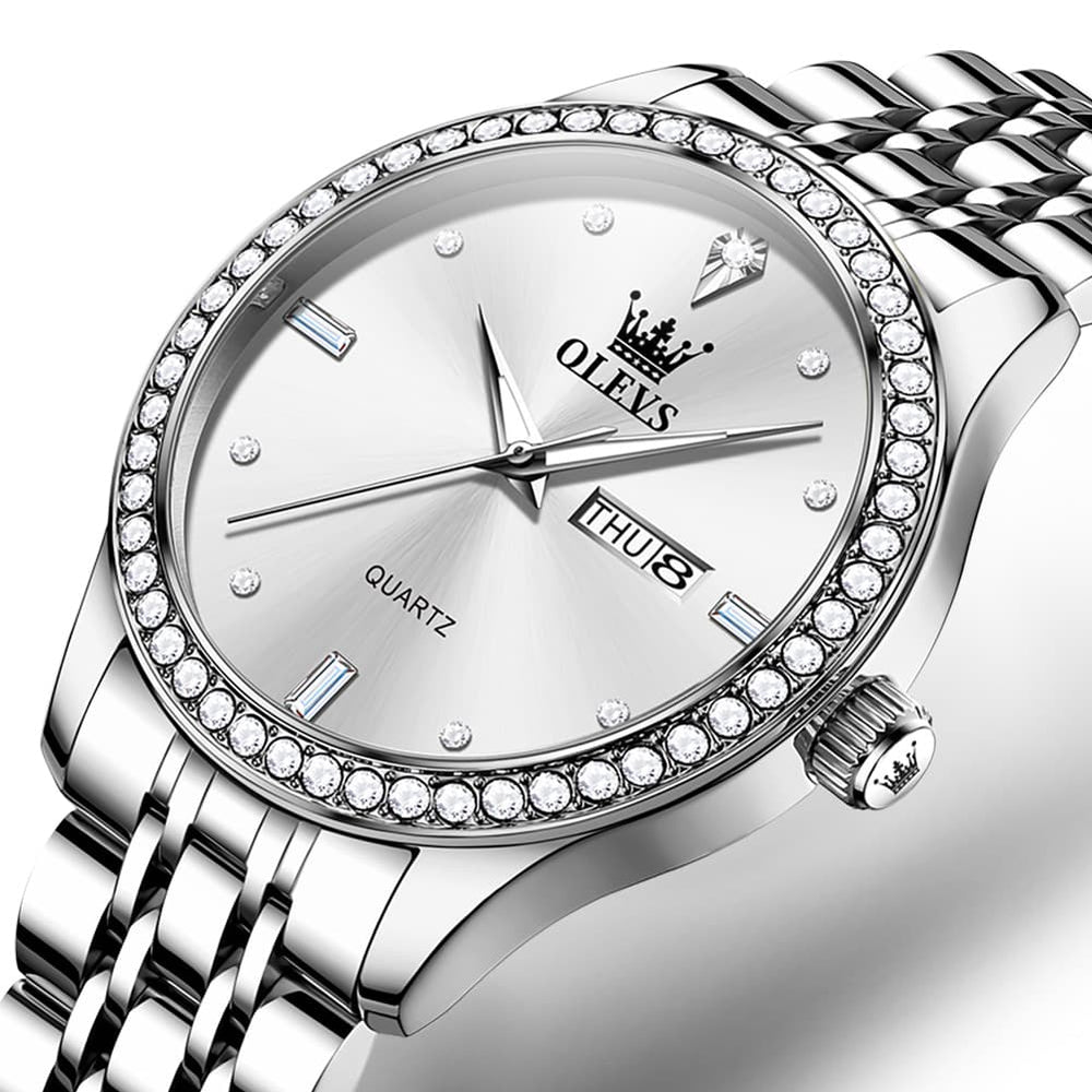 OLEVS 3625 Diamond Bezel Quartz Steel Watch for Men - Silver White Watch | Olevs Watch Store