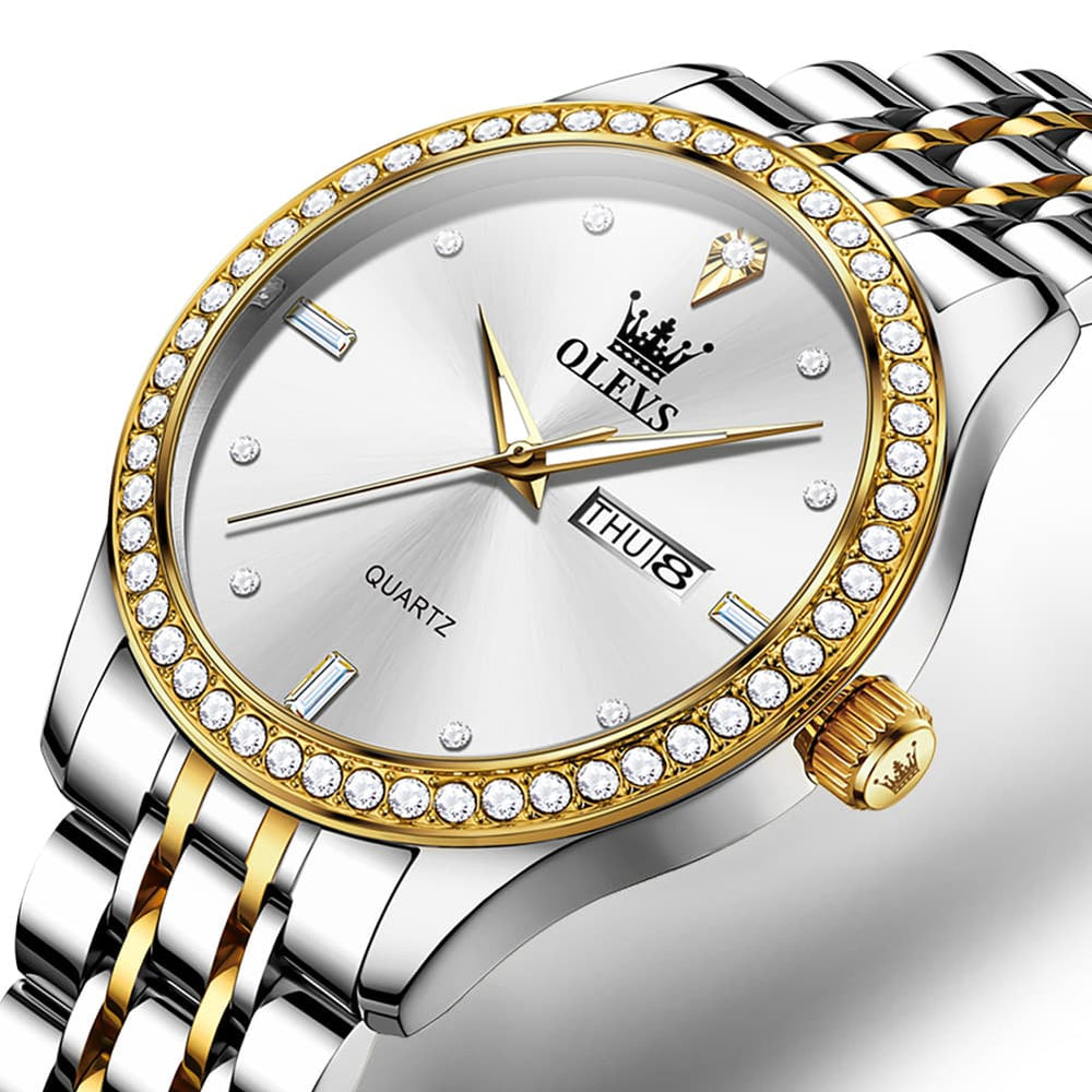 OLEVS 3625 Diamond Bezel Quartz Steel Watch for Men - Two Tone White Watch | Olevs Watch Store