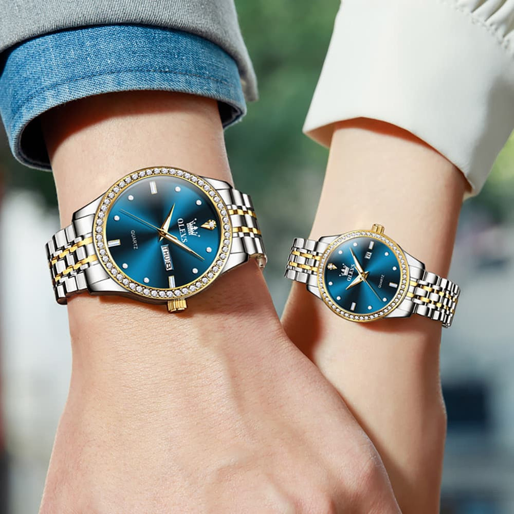 OLEVS 3625N Diamond Bezel Quartz Couple Watches Set - All Gold Watch | Olevs Watch Store