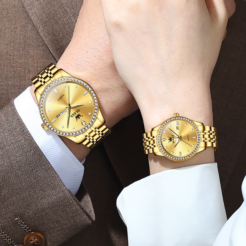 OLEVS 3625N Diamond Bezel Quartz Couple Watches Set - All Gold Watch | Olevs Watch Store
