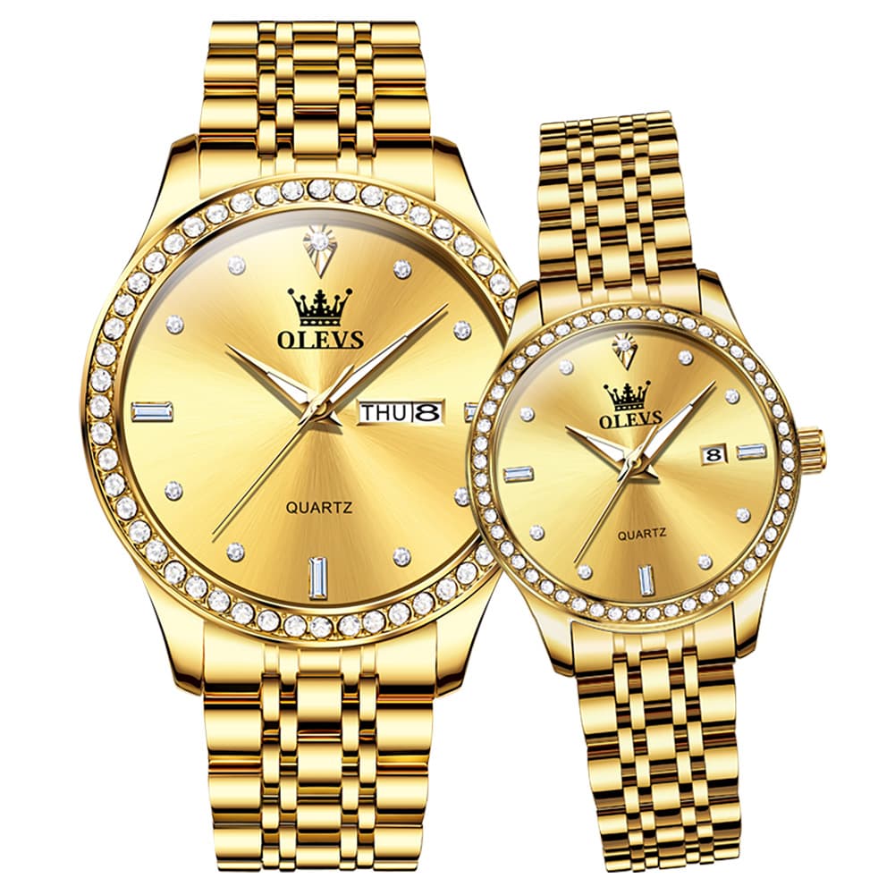 OLEVS 3625N Diamond Bezel Quartz Couple Watches Set - All Gold Watch | Olevs Watch Store