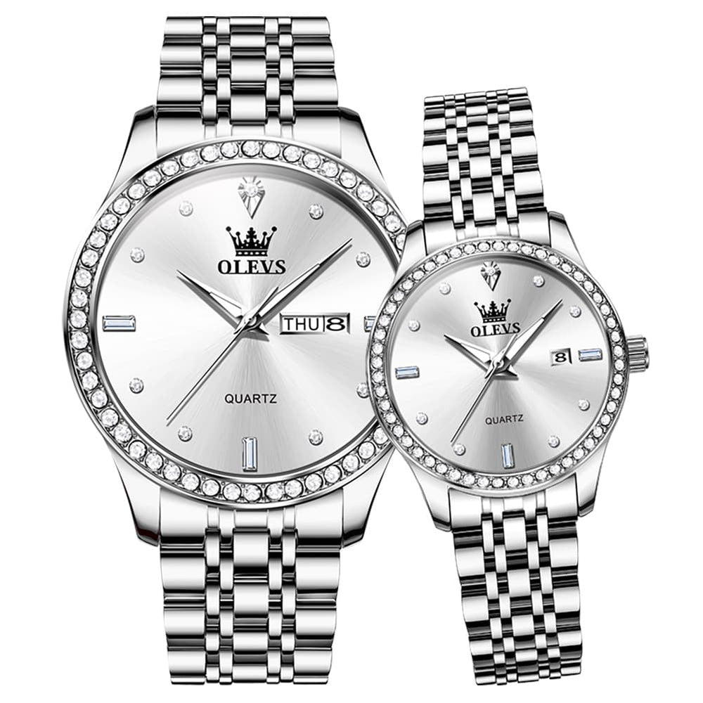OLEVS 3625N Diamond Bezel Quartz Couple Watches Set - Silver White Watch | Olevs Watch Store