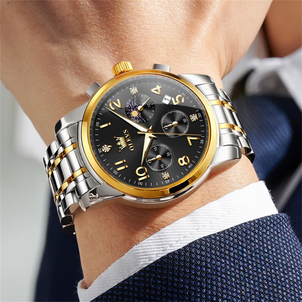 OLEVS 3628 Multifunction Moon Phase Quartz Watch for Men - All Gold Watch | Olevs Watch Store