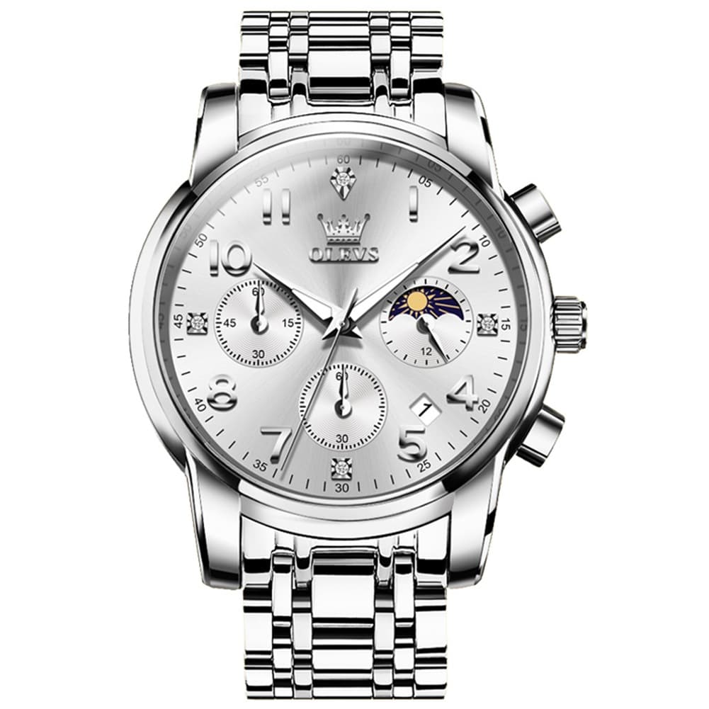 OLEVS 3628 Multifunction Moon Phase Quartz Watch for Men - Silver White Watch | Olevs Watch Store