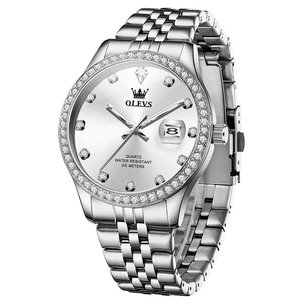 OLEVS 3629 Diamond Bezel Quartz Steel Watch for Men - Silver White Watch | Olevs Watch Store