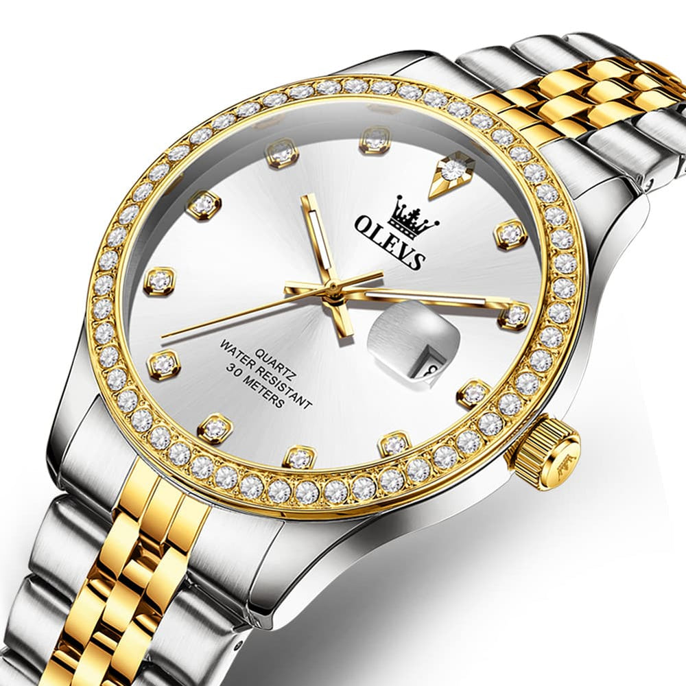 OLEVS 3629 Diamond Bezel Quartz Steel Watch for Men - Two Tone White Watch | Olevs Watch Store