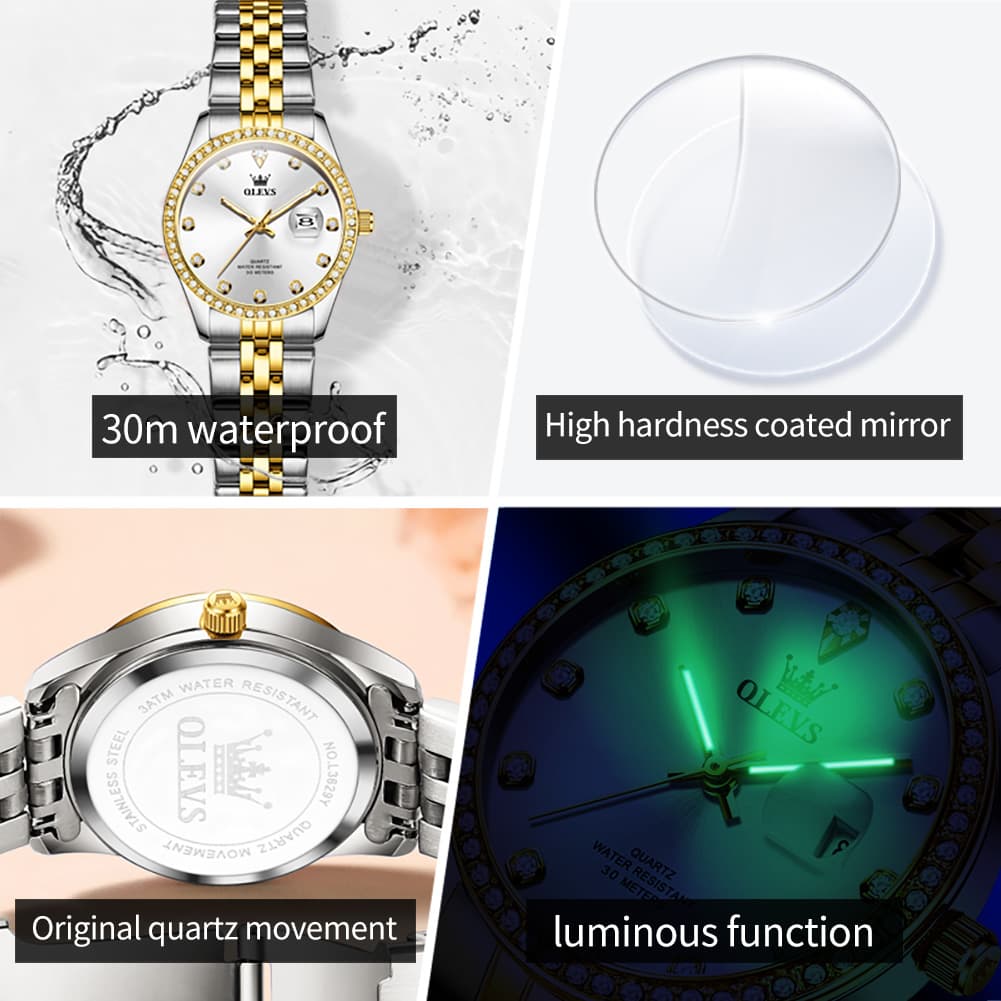OLEVS 3629NN Diamond Bezel Quartz Steel Watch for Women - All Gold Watch | Olevs Watch Store