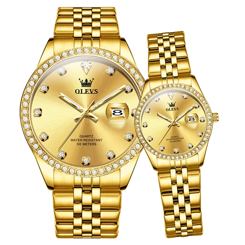 OLEVS 3629Q Diamond Bezel Quartz Couple Watches Set - All Gold Watch | Olevs Watch Store