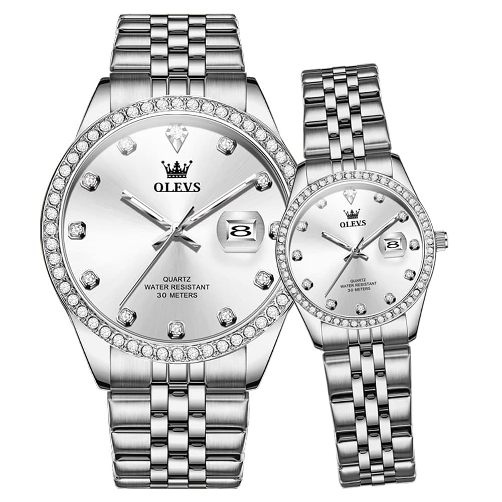 OLEVS 3629Q Diamond Bezel Quartz Couple Watches Set - Silver White Watch | Olevs Watch Store