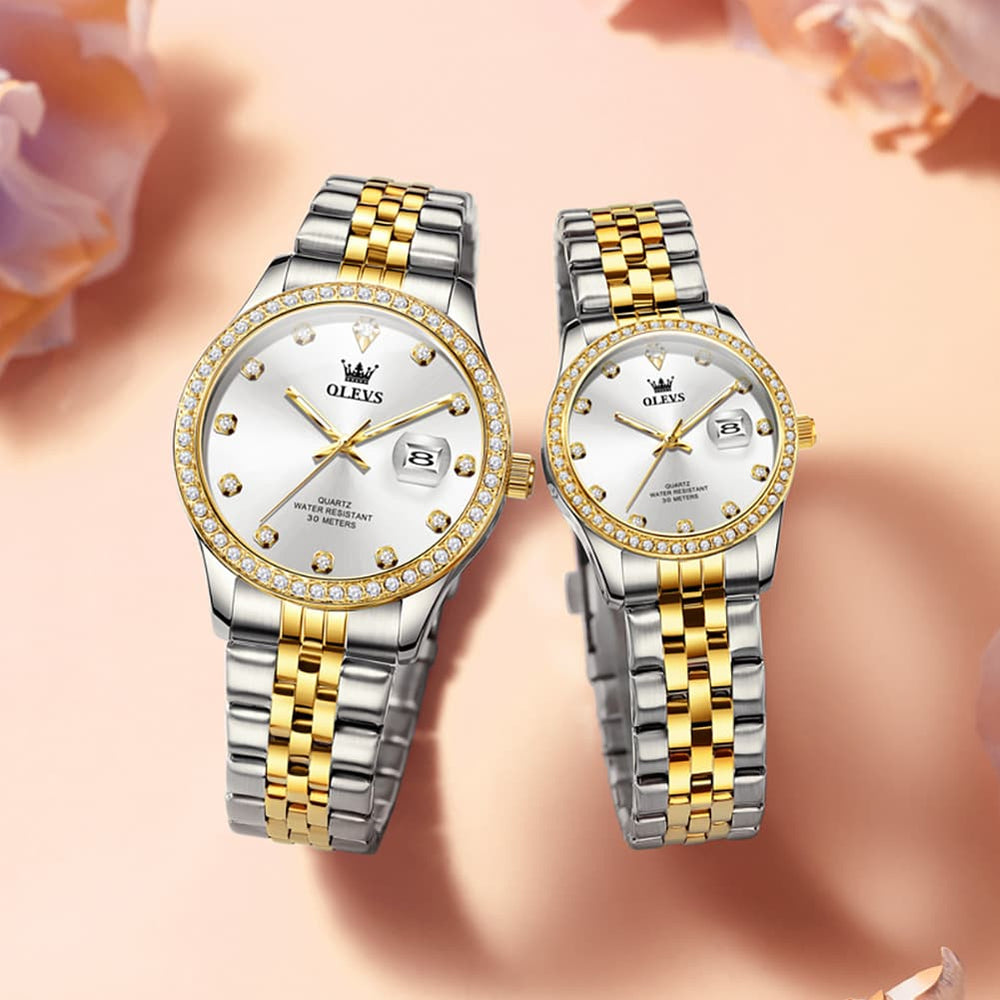 OLEVS 3629Q Diamond Bezel Quartz Couple Watches Set - Two Tone White Watch | Olevs Watch Store