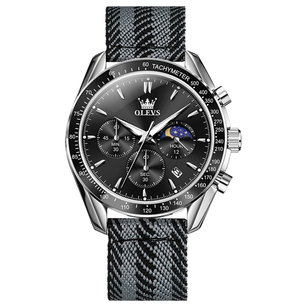 OLEVS 3630 Multifunction Nylon Quartz Watch for Men - Silver Black Watch | Olevs Watch Store