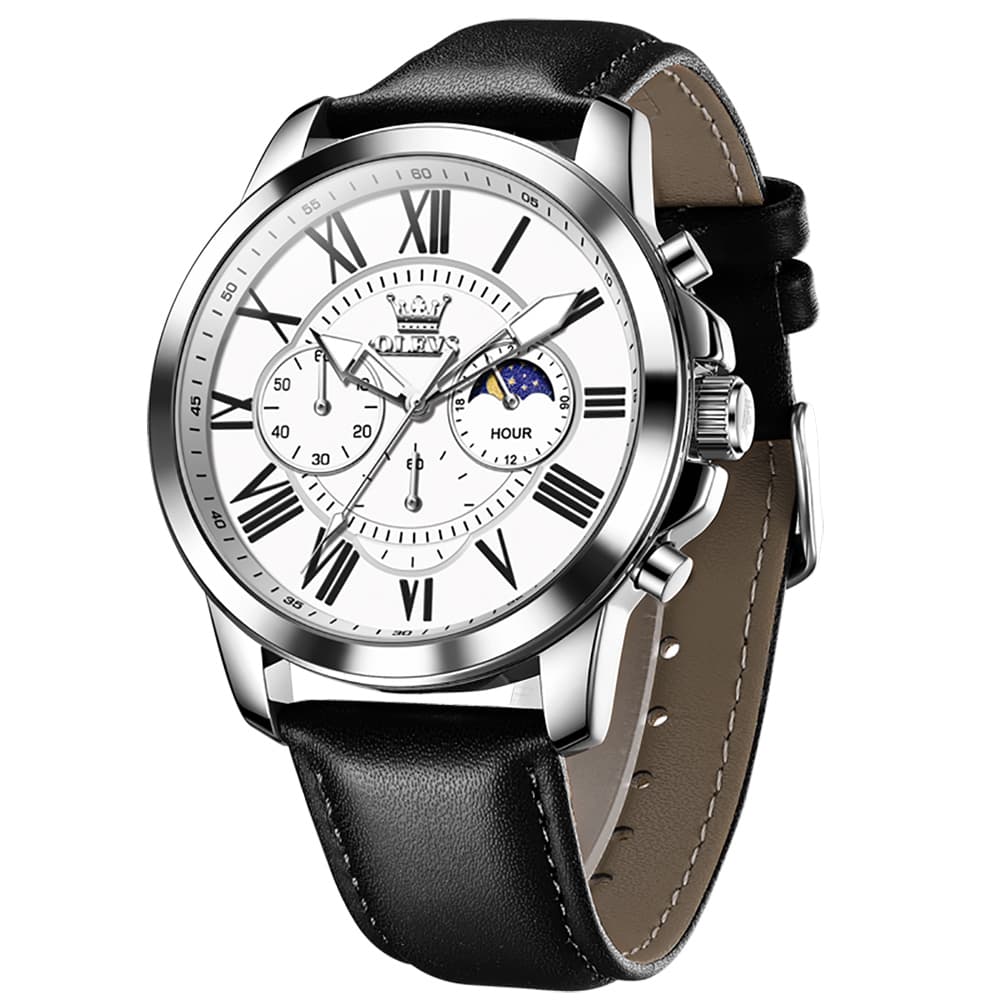 OLEVS 3632 Large Dial Multifunction Quartz Watch for Men - Silver White Watch | Olevs Watch Store