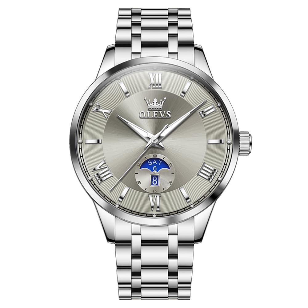 OLEVS 3638 Moon Phase Quartz Steel Watch for Men - Silver Grey Watch | Olevs Watch Store