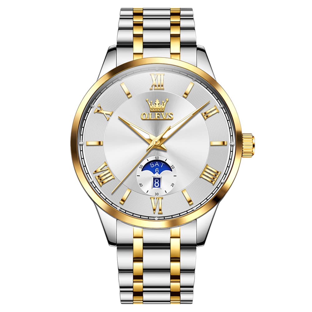 OLEVS 3638 Moon Phase Quartz Steel Watch for Men - Two Tone White Watch | Olevs Watch Store