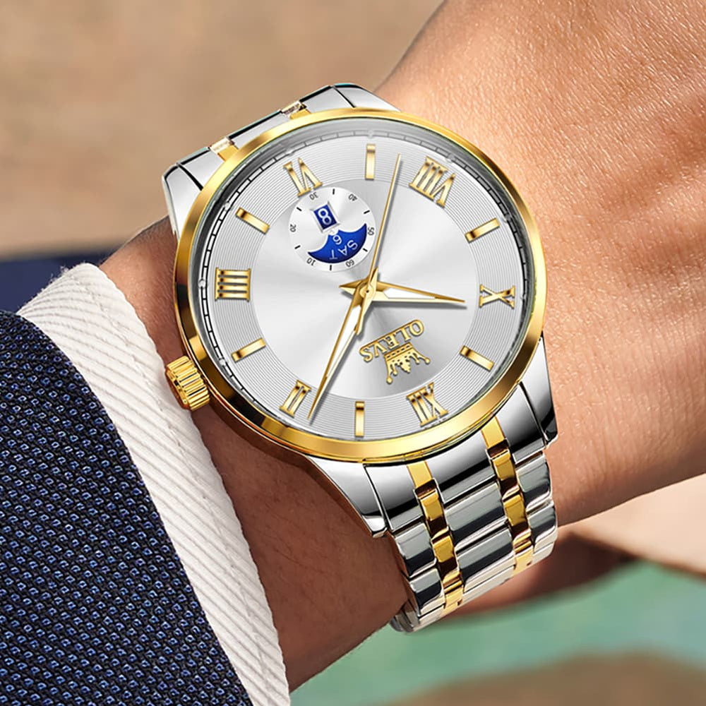 OLEVS 3638 Moon Phase Quartz Steel Watch for Men - Two Tone White Watch | Olevs Watch Store