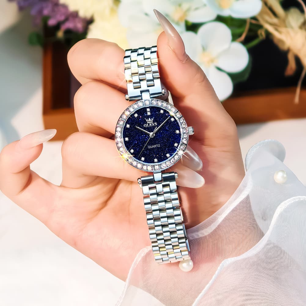 OLEVS 3641 Starry Sky Diamond Quartz Watch for Women - Silver Blue Watch | Olevs Watch Store