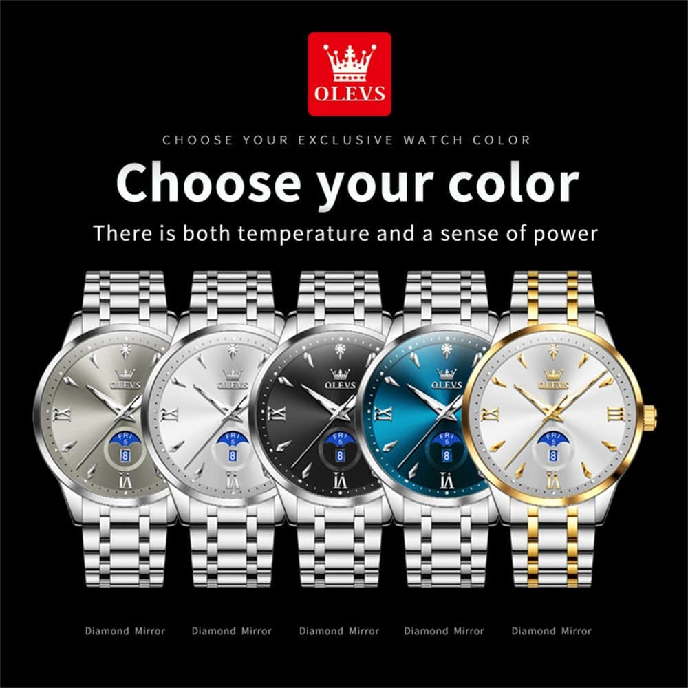 OLEVS 3646 Diamond Mirror Calendar Quartz Watch for Men - Two Tone White Watch | Olevs Watch Store