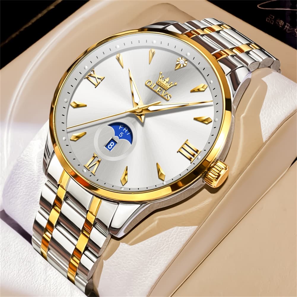 OLEVS 3646 Diamond Mirror Calendar Quartz Watch for Men - Two Tone White Watch | Olevs Watch Store