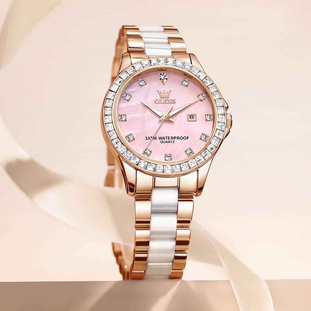 OLEVS 3651 Mother of Pearl Ceramic Crystal Diamond Watch For Women - Silver Mint Watch | Olevs Watch Store