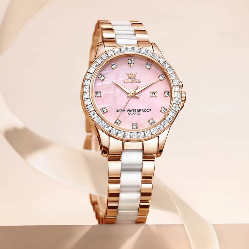 OLEVS 3651 Mother of Pearl Ceramic Crystal Diamond Watch For Women - Silver Mint Watch | Olevs Watch Store