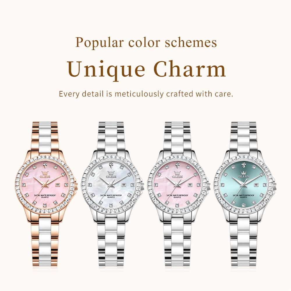 OLEVS 3651 Mother of Pearl Ceramic Crystal Diamond Watch For Women - Silver Mint Watch | Olevs Watch Store