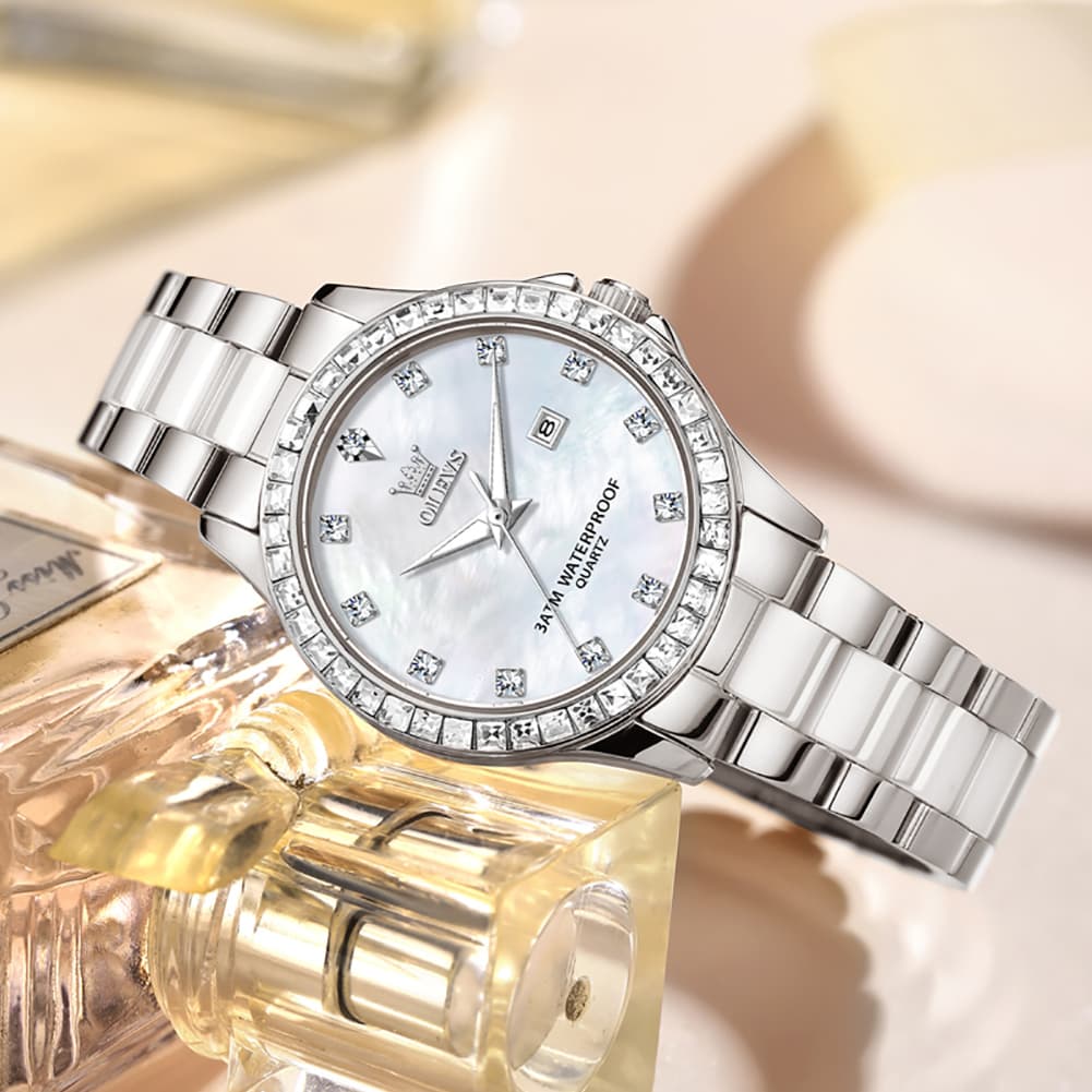 OLEVS 3651 Mother of Pearl Ceramic Crystal Diamond Watch For Women - Silver Mint Watch | Olevs Watch Store