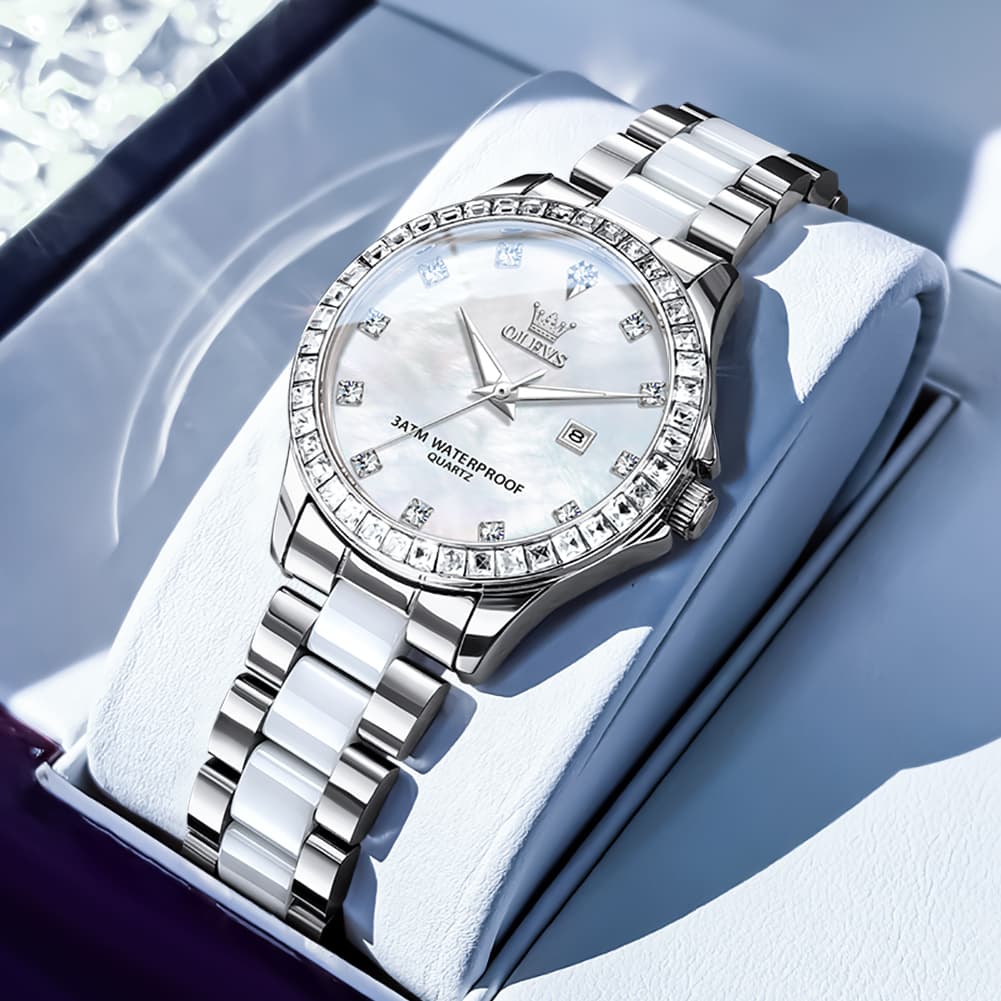 OLEVS 3651 Mother of Pearl Ceramic Crystal Diamond Watch For Women - Silver White Watch | Olevs Watch Store
