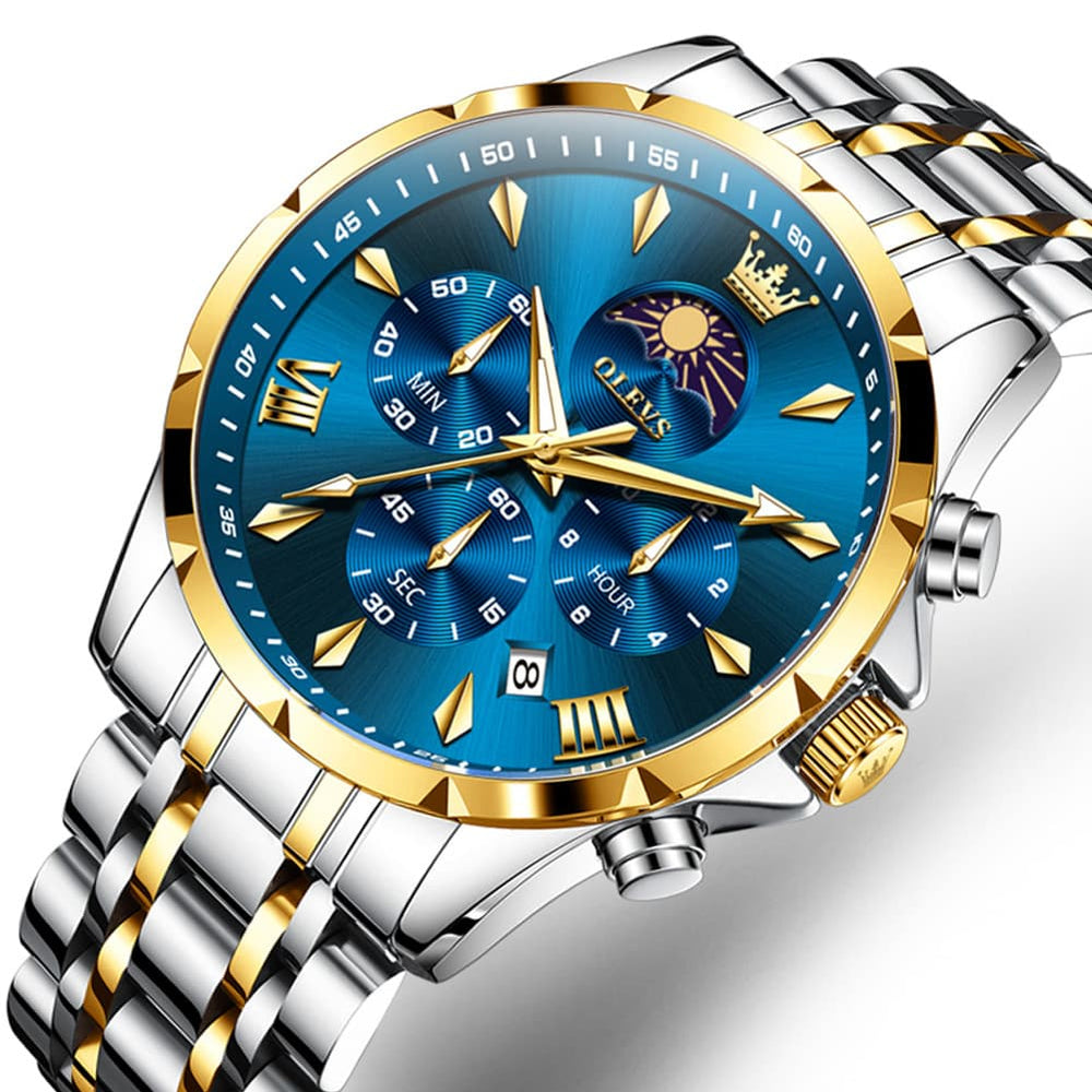OLEVS 3653 Chronograph Moon Phase Sporty Dial Stainless Steel Watch For Men - Two Tone Blue Watch | Olevs Watch Store