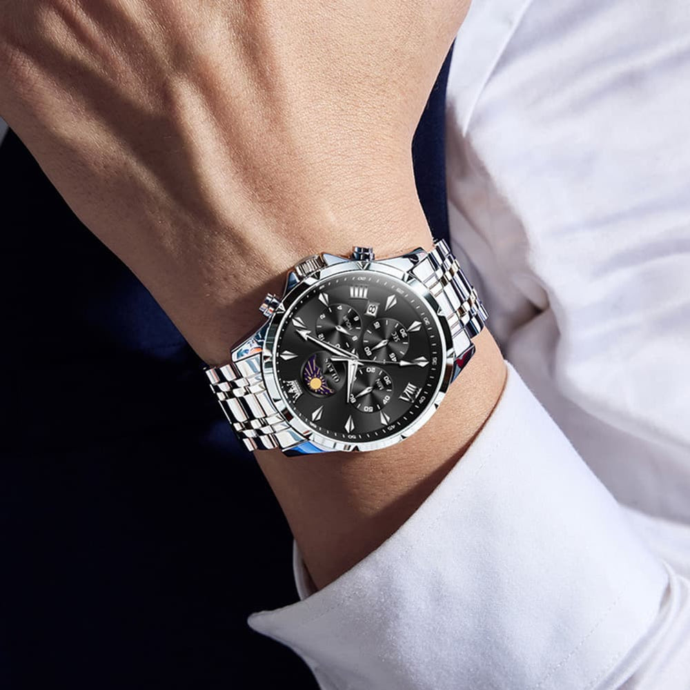 OLEVS 3653 Chronograph Moon Phase Sporty Dial Stainless Steel Watch For Men - Two Tone Blue Watch | Olevs Watch Store