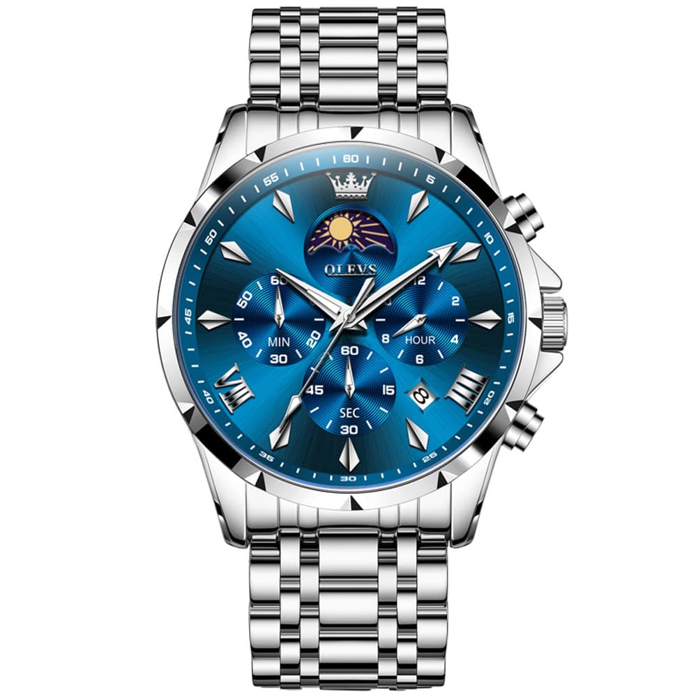 OLEVS 3653 Chronograph Moon Phase Sporty Dial Stainless Steel Watch For Men - Two Tone Blue Watch | Olevs Watch Store