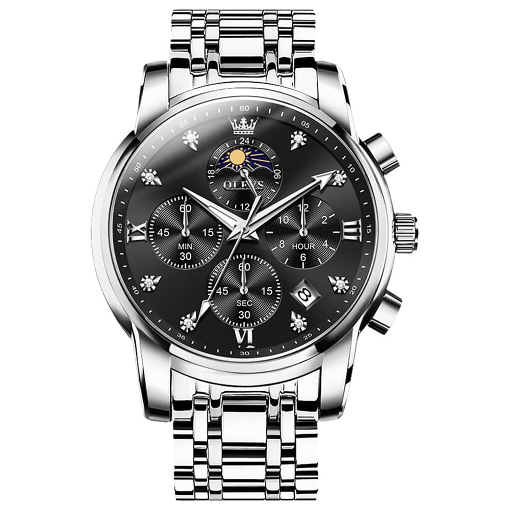 OLEVS 3655 Chronograph Moon Phase Roman Diamond Dial Stainless Steel Watch For Men - Silver Black Watch | Olevs Watch Store