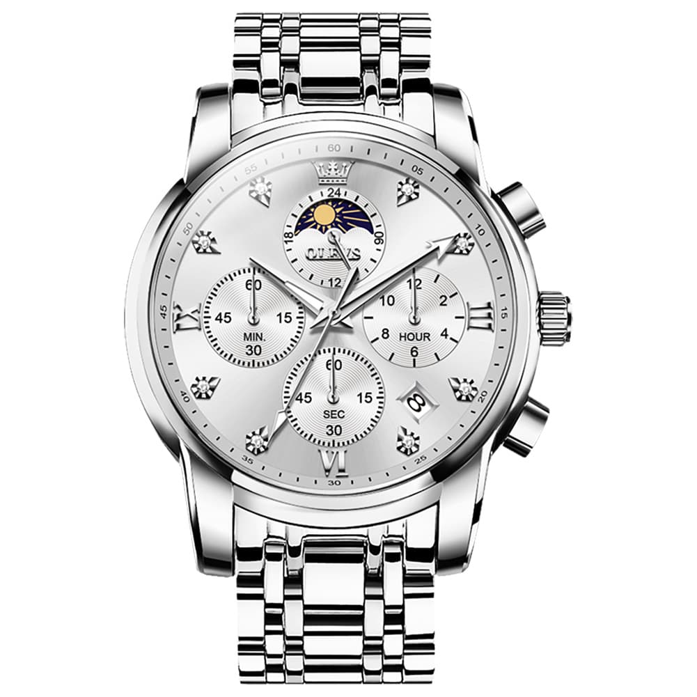 OLEVS 3655 Chronograph Moon Phase Roman Diamond Dial Stainless Steel Watch For Men - Silver White Watch | Olevs Watch Store