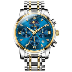 OLEVS 3655 Chronograph Moon Phase Roman Diamond Dial Stainless Steel Watch For Men - Two Tone Blue Watch | Olevs Watch Store