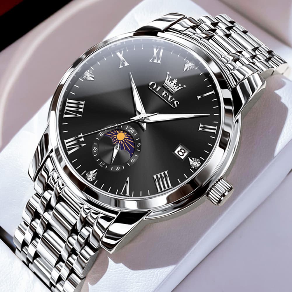 OLEVS 3656 Minimalist Moon Phase Roman Dial Stainless Steel Watch For Men - Silver Black Watch | Olevs Watch Store