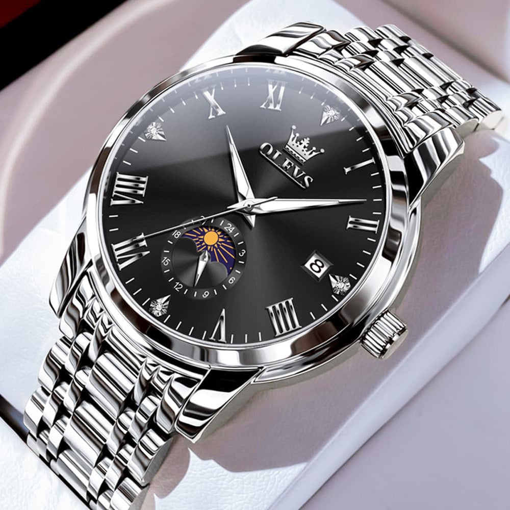 OLEVS 3656 Minimalist Moon Phase Roman Dial Stainless Steel Watch For Men - Silver Black Watch | Olevs Watch Store
