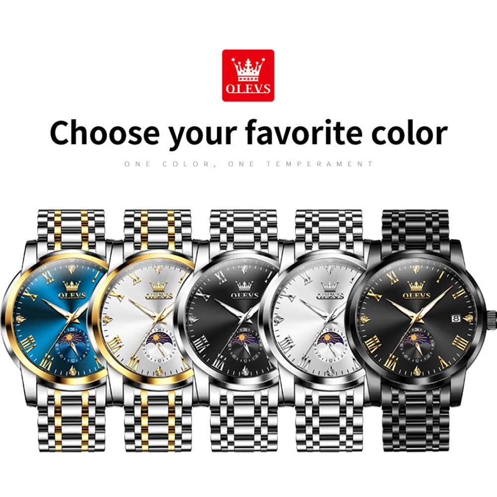 OLEVS 3656 Minimalist Moon Phase Roman Dial Stainless Steel Watch For Men - All Black Watch | Olevs Watch Store