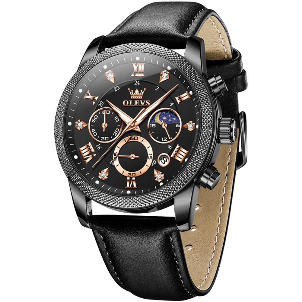 OLEVS 3660 Chronograph Moon Phase Diamond Dial Tactical Sports Watch For Men - Steel All Black Watch | Olevs Watch Store