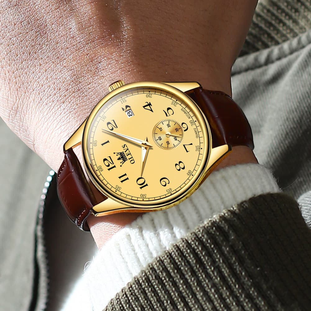 OLEVS 3662 Vintage Sub-Dial Leather Quartz Watch for Men - Brown Gold Watch | Olevs Watch Store