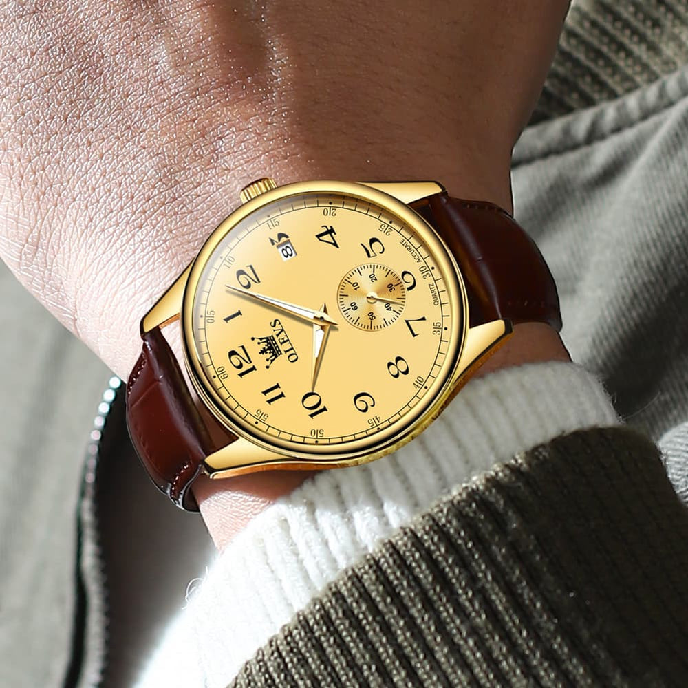 OLEVS 3662 Vintage Sub-Dial Leather Quartz Watch for Men - Brown Gold Watch | Olevs Watch Store