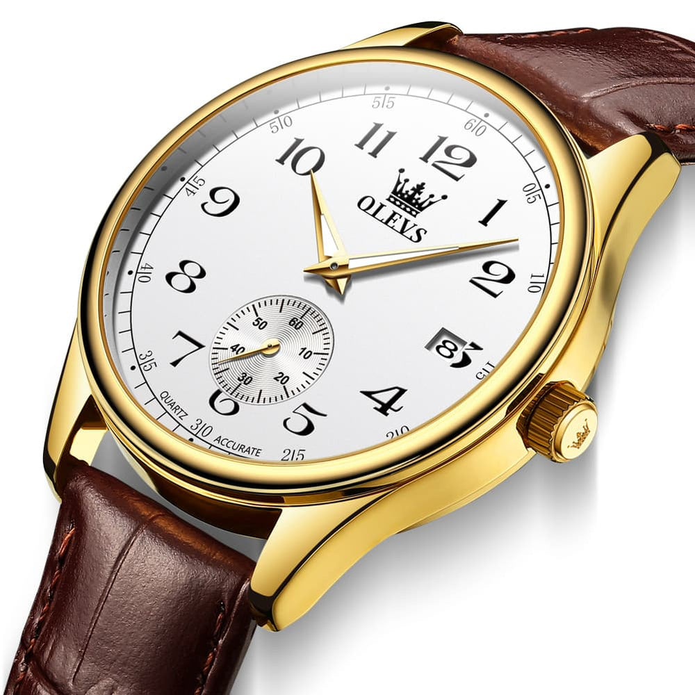 OLEVS 3662 Vintage Sub-Dial Leather Quartz Watch for Men - Brown Gold Watch | Olevs Watch Store