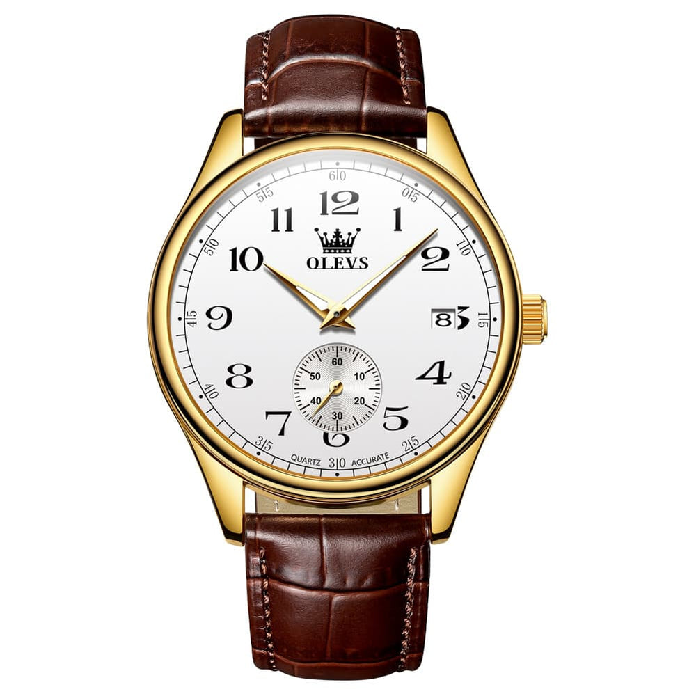 OLEVS 3662 Vintage Sub-Dial Leather Quartz Watch for Men - Brown Gold White Watch | Olevs Watch Store