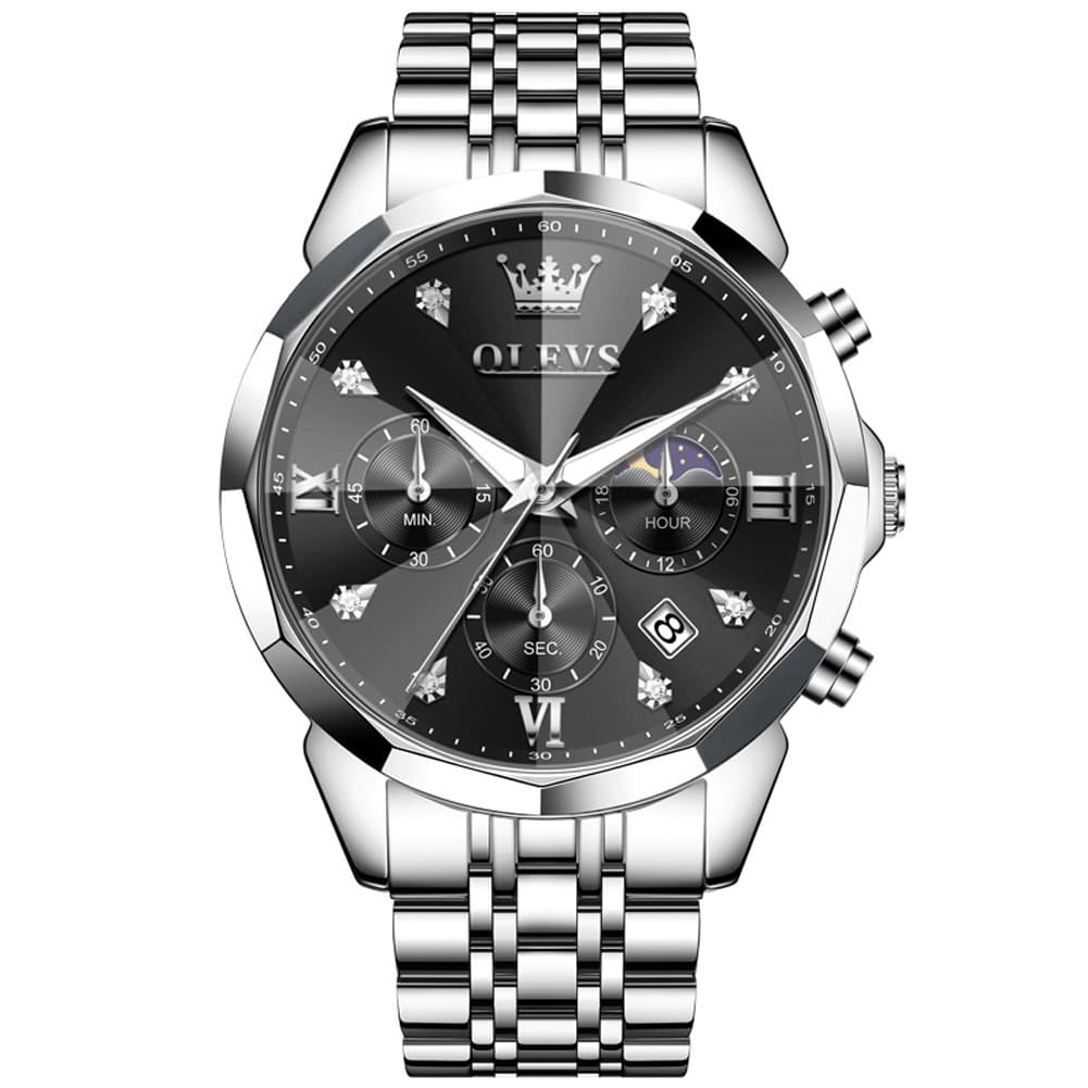 OLEVS 3670 Quartz Moon Phase Chronograph Watch For Men - Silver Black Watch | Olevs Watch Store