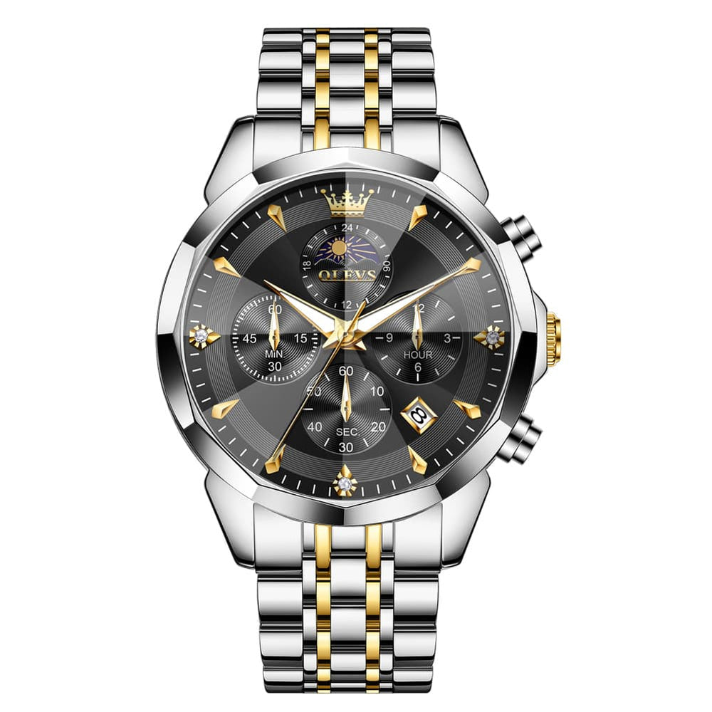 OLEVS 3673 Quartz 3D Rhombic Mirror Chronograph Watch For Men - Two Tone Black Watch | Olevs Watch Store