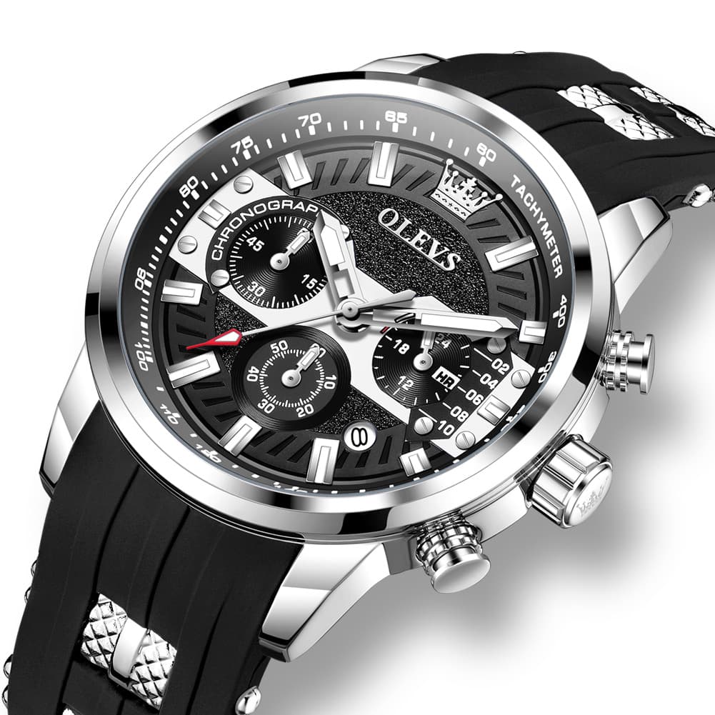 OLEVS 3690 Chronograph Silicone Mens Watch Multifunctional - Silver Black Watch | Olevs Watch Store