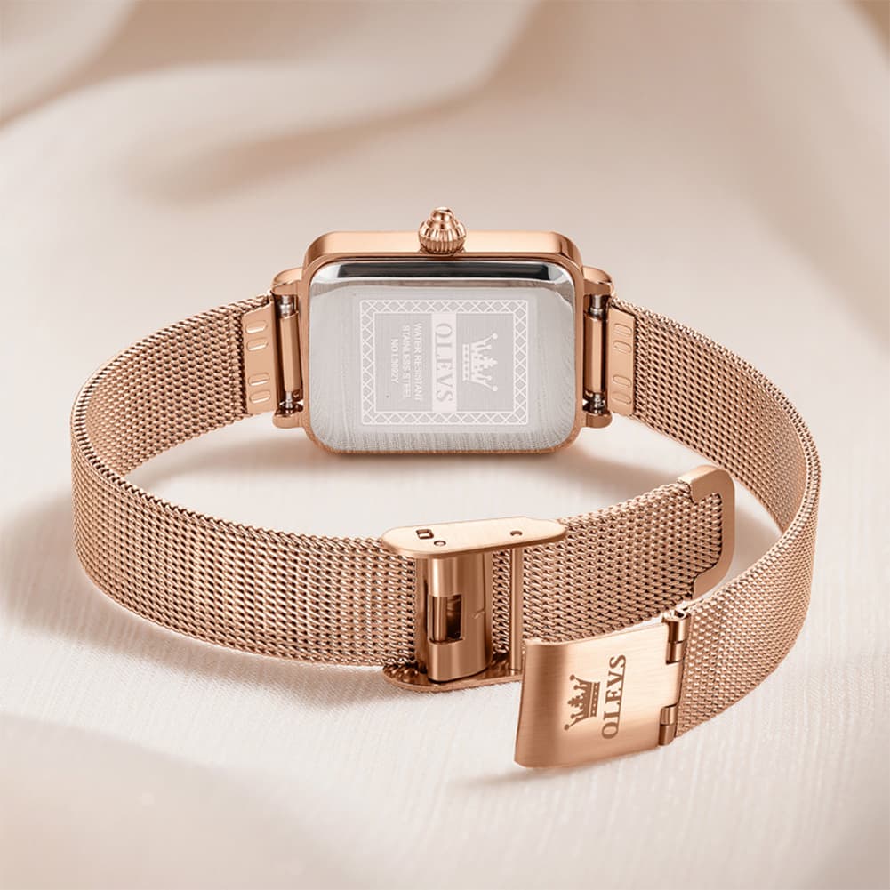 OLEVS 3692 Petite Rectangle Mesh Womens Dress Watch - Rose White Watch | Olevs Watch Store