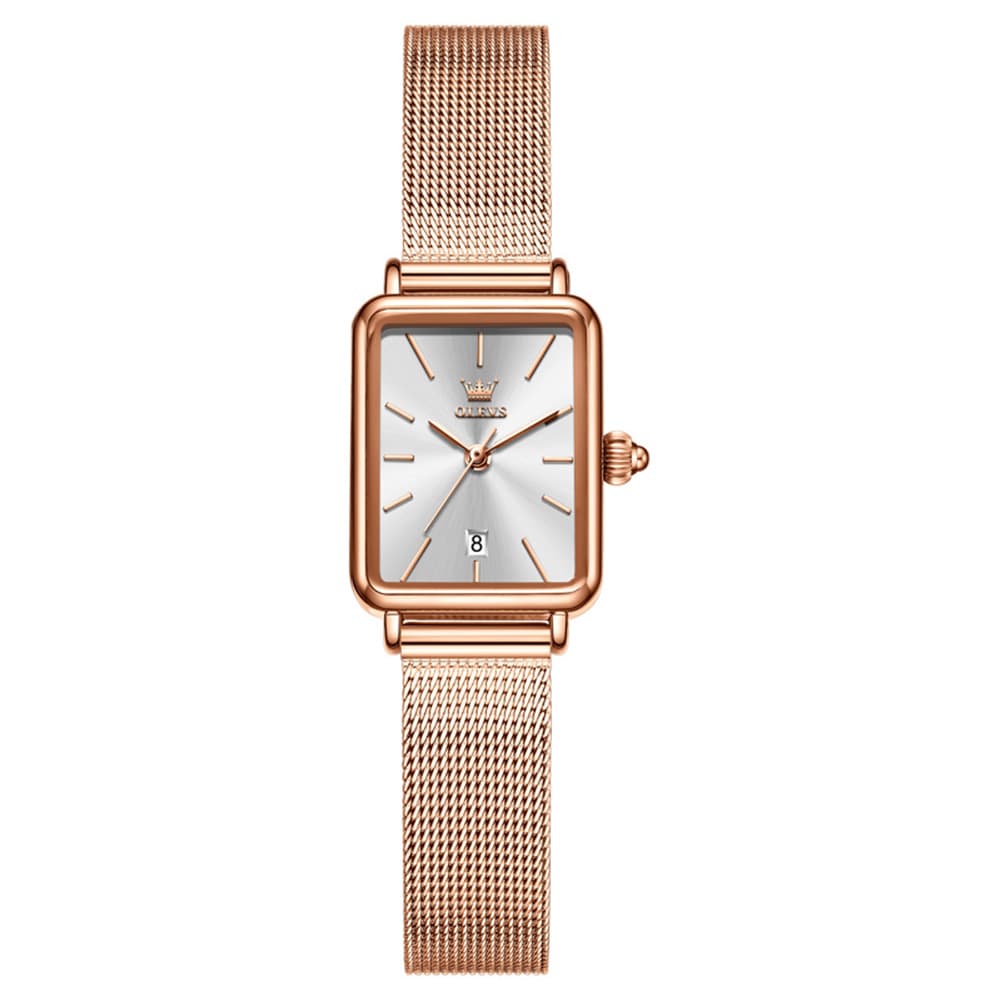 OLEVS 3692 Petite Rectangle Mesh Womens Dress Watch - Rose White Watch | Olevs Watch Store