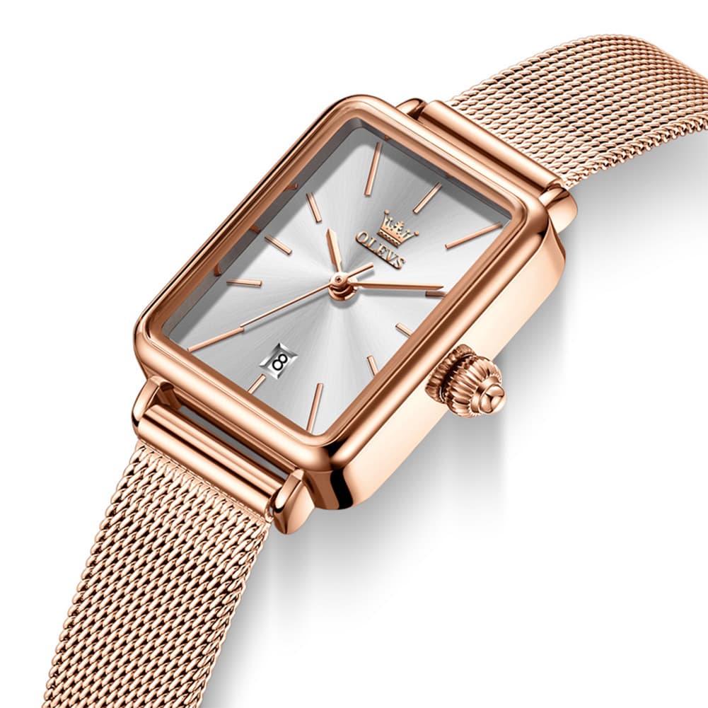 OLEVS 3692 Petite Rectangle Mesh Womens Dress Watch - Rose White Watch | Olevs Watch Store